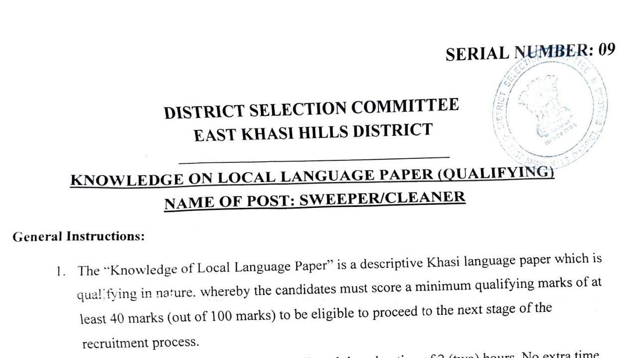 Khasi local language paper | Dsc East Khasi Hills | Bah GK