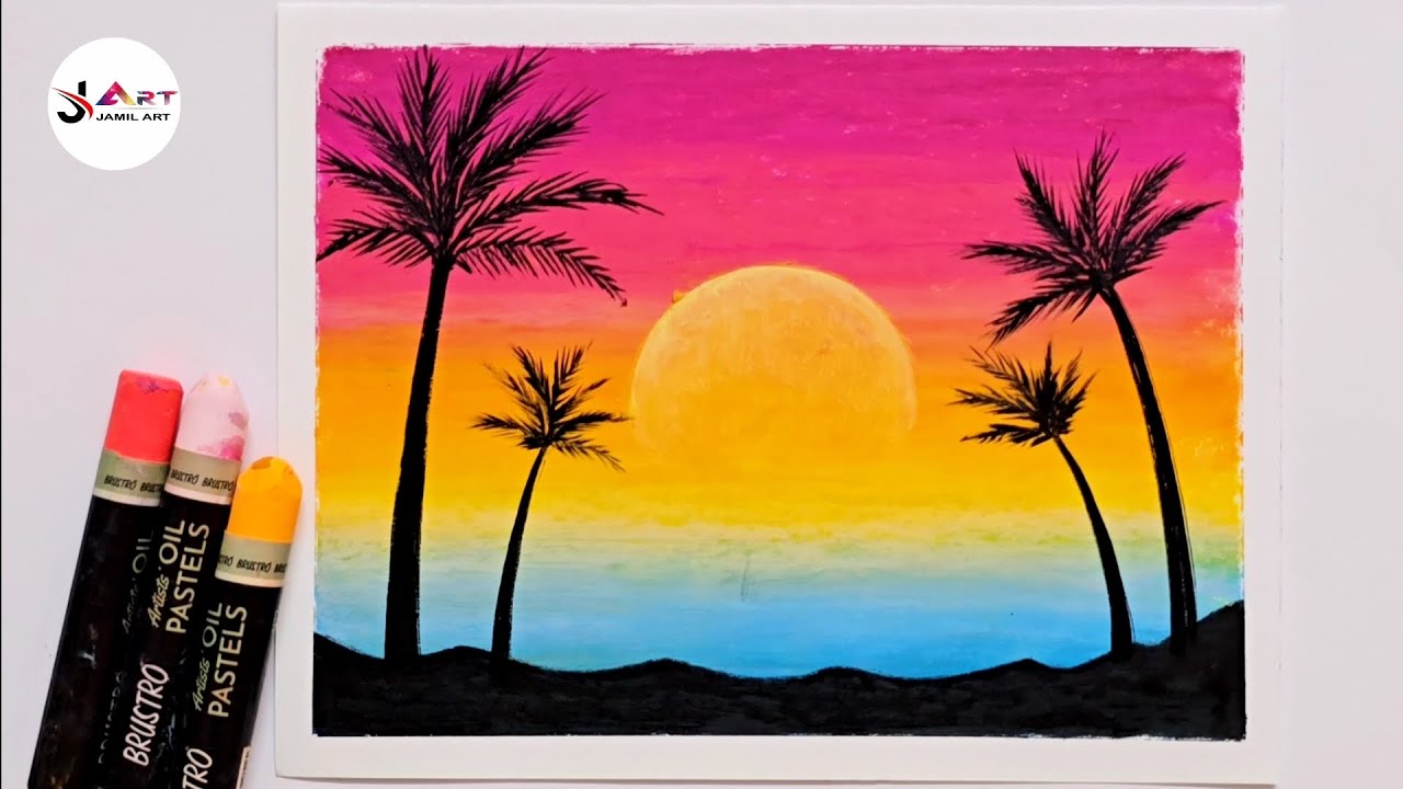 Sunset Scenery Drawing with Oil Pastel | Nature Scenery Painting 