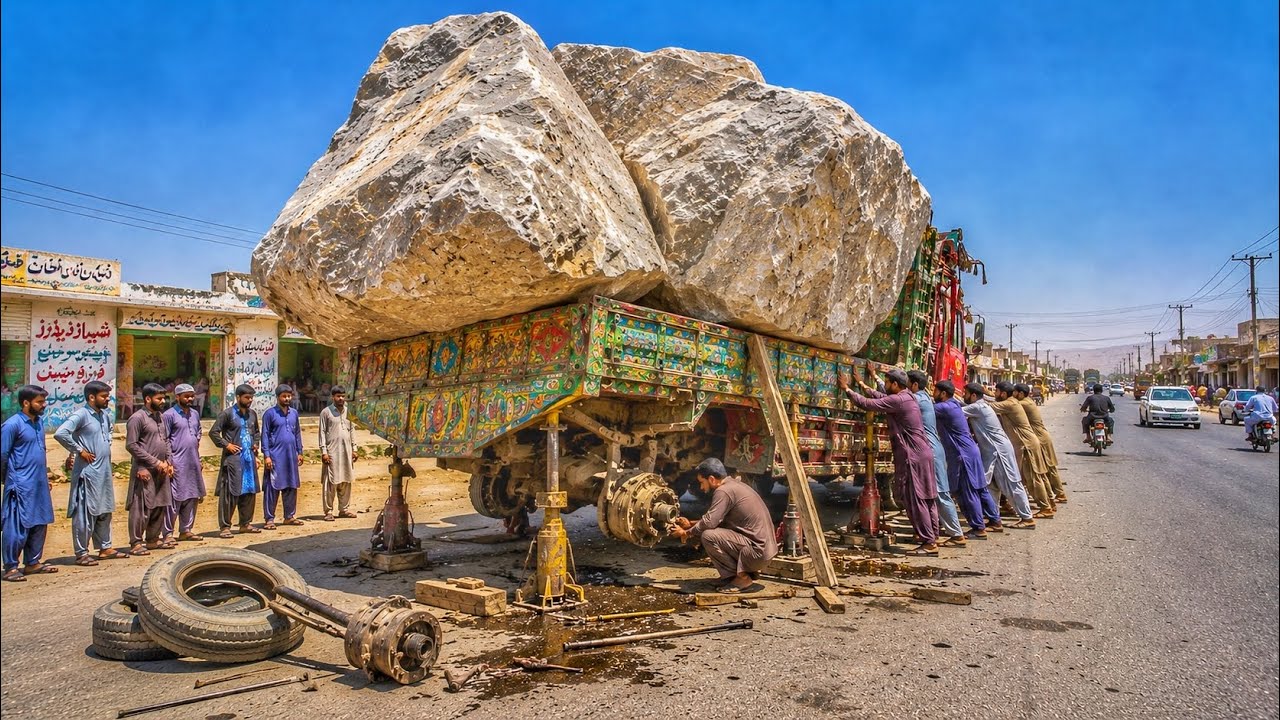 Most Incredible Overloaded Giant Stone Truck | Rear Axle Failure & Roadside Repair