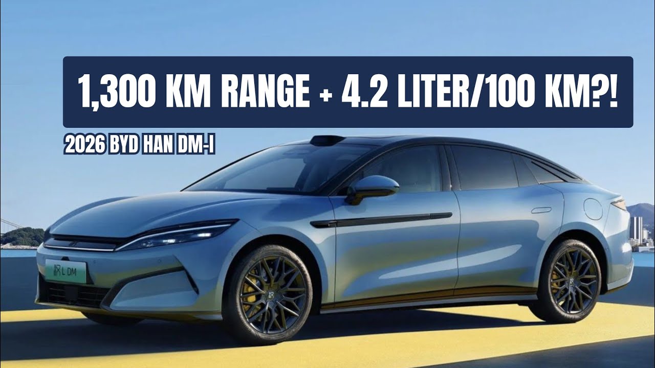BYD Han DM-i 2026 года — запас хода на гибридном двигателе 1300 км, расход топлива 4,2 л/100 км.