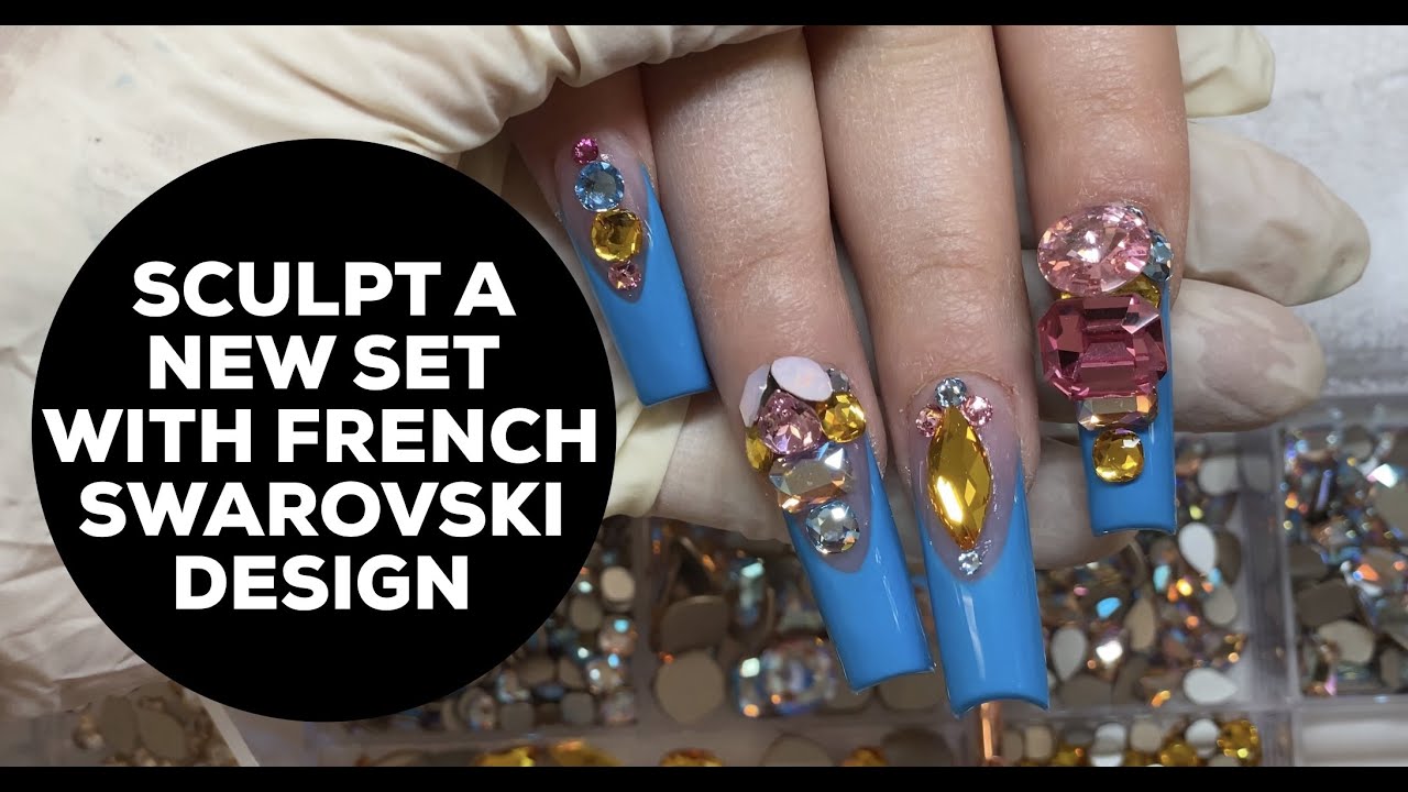 HOW TO SCULPT ACRYLIC NAILS | FRENCH TIP AND SWAROVSKI DESIGN
