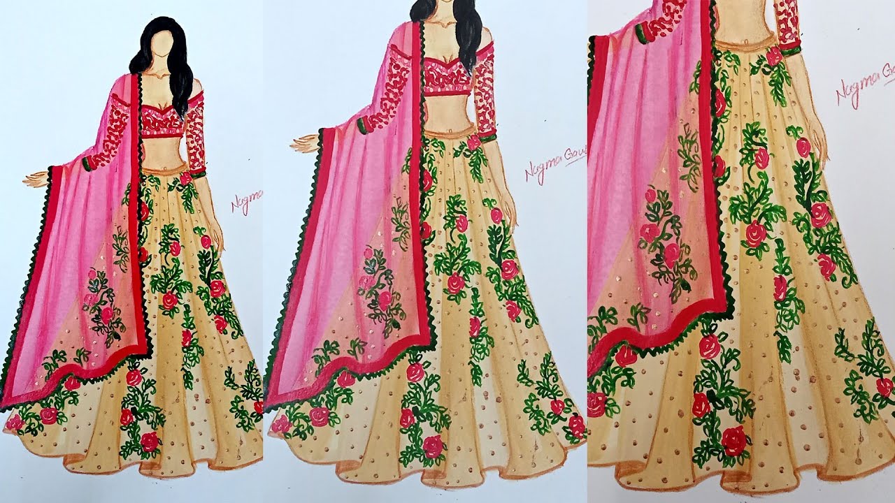 How to draw a beautiful traditional dress design step by step for beginner|| Fashion Illustration