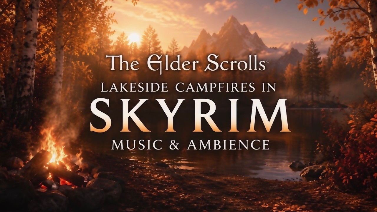 Peaceful Campfire 🍂 | Skyrim Music & Ambience, Autumn Lakeside with No Mid-roll Ads