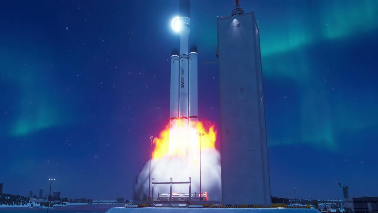 Cities Skylines 2 Rocket Launch with Eclipse & Northern Lights