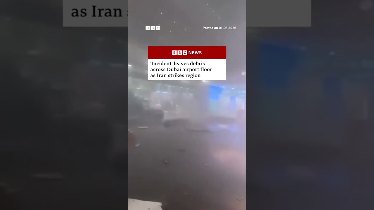 'Incident' leaves debris across Dubai airport floor as Iran strikes region. #Dubai #BBCNews
