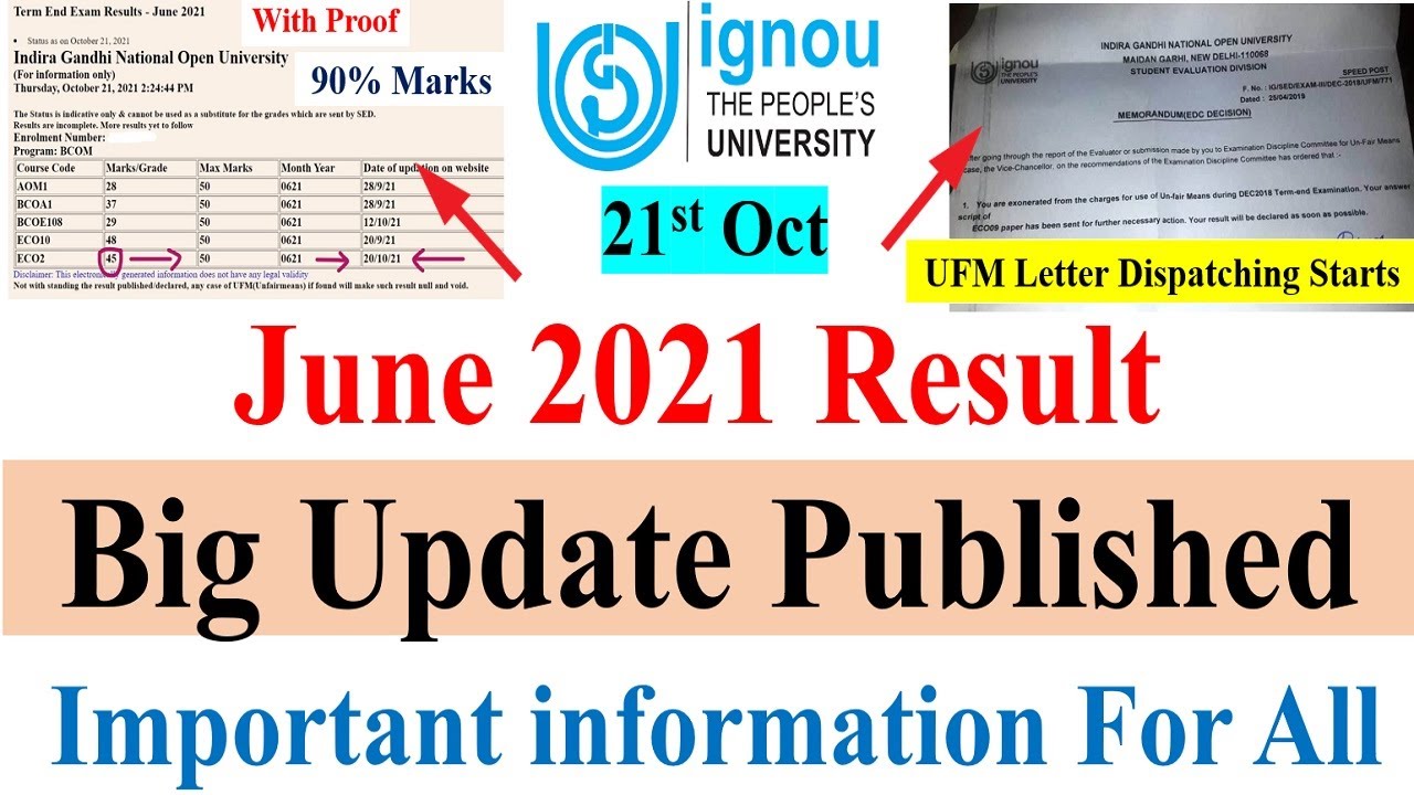 IGNOU JUNE 2021 Exam Result Big Update Published,UFM Letter Dispatching Starts,Important information