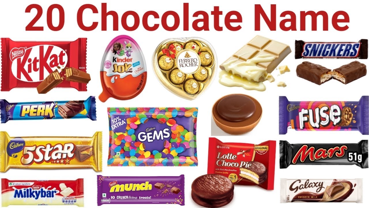 20 🍫चॉकलेट के नाम | 20 Chocolate Names in English & Hindi for Kids Learning Fun Sweet Cadbury Video