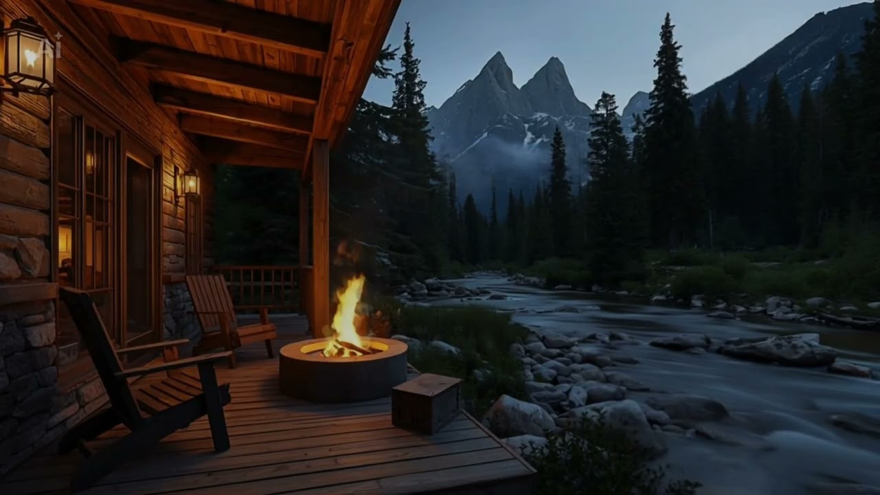 Mountain Cabin Deck Firepit by the River – Peaceful Nature Ambience for Sleep, Study & Relaxation