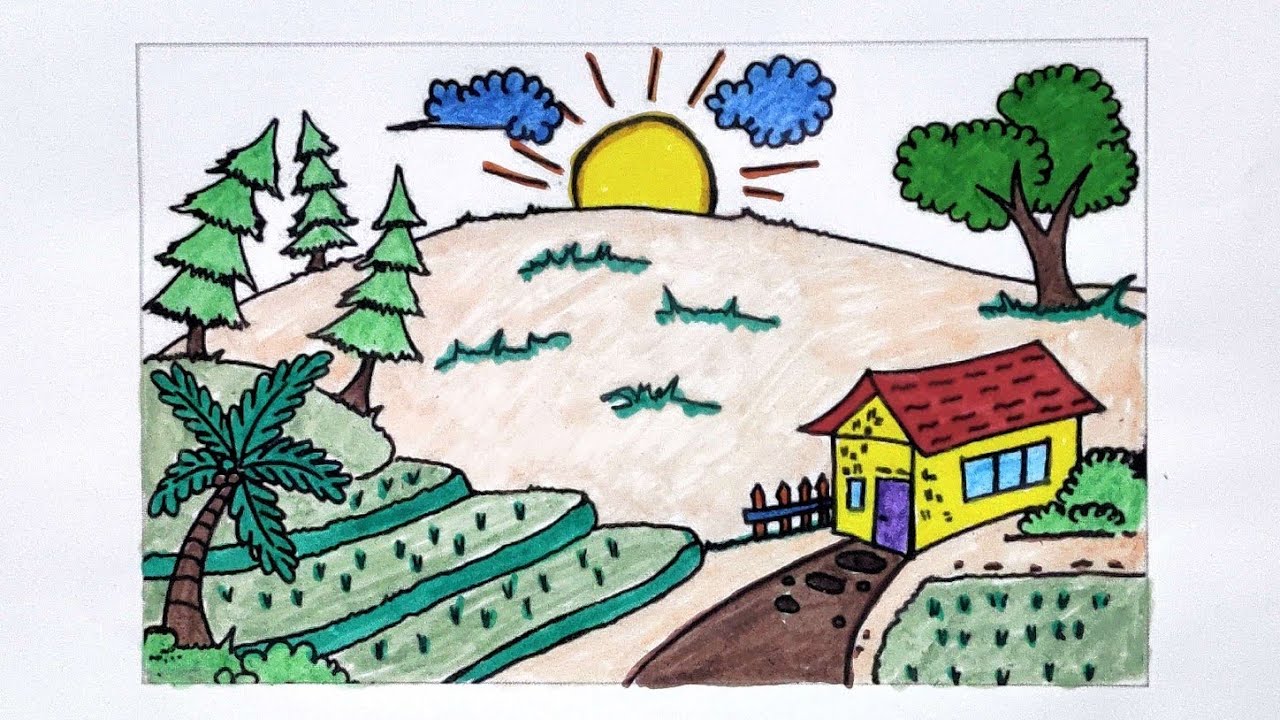 Rice Fields Village side House scenery😇🤑🏡🏠🏚️ #satisfying#drawing#viralvideo#trending#art
