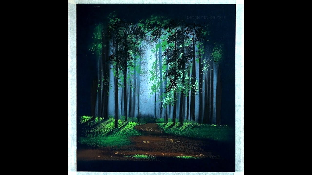 Drawing of a lonely path through forest - simple oil pastel drawing