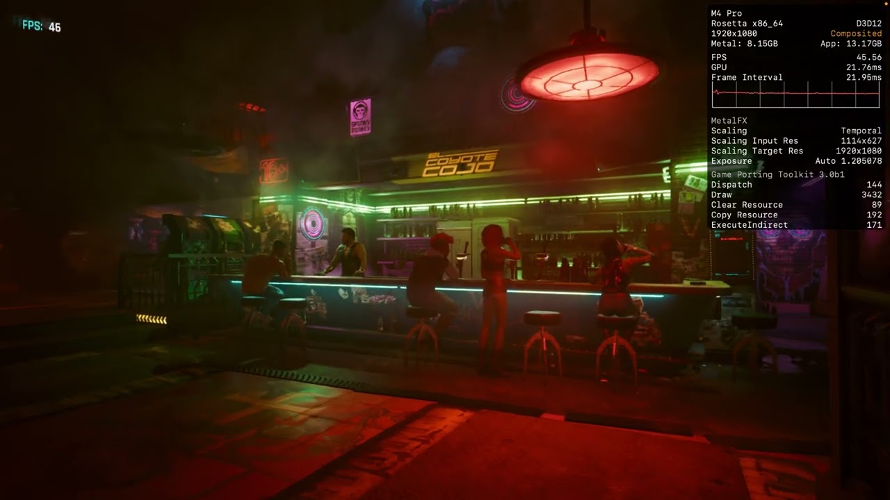 Cyberpunk 2077 - Crossover - DLSS - GPTK 3 - Metal 4 - MacOS Tahoe 26 - M4 Pro 16GPU