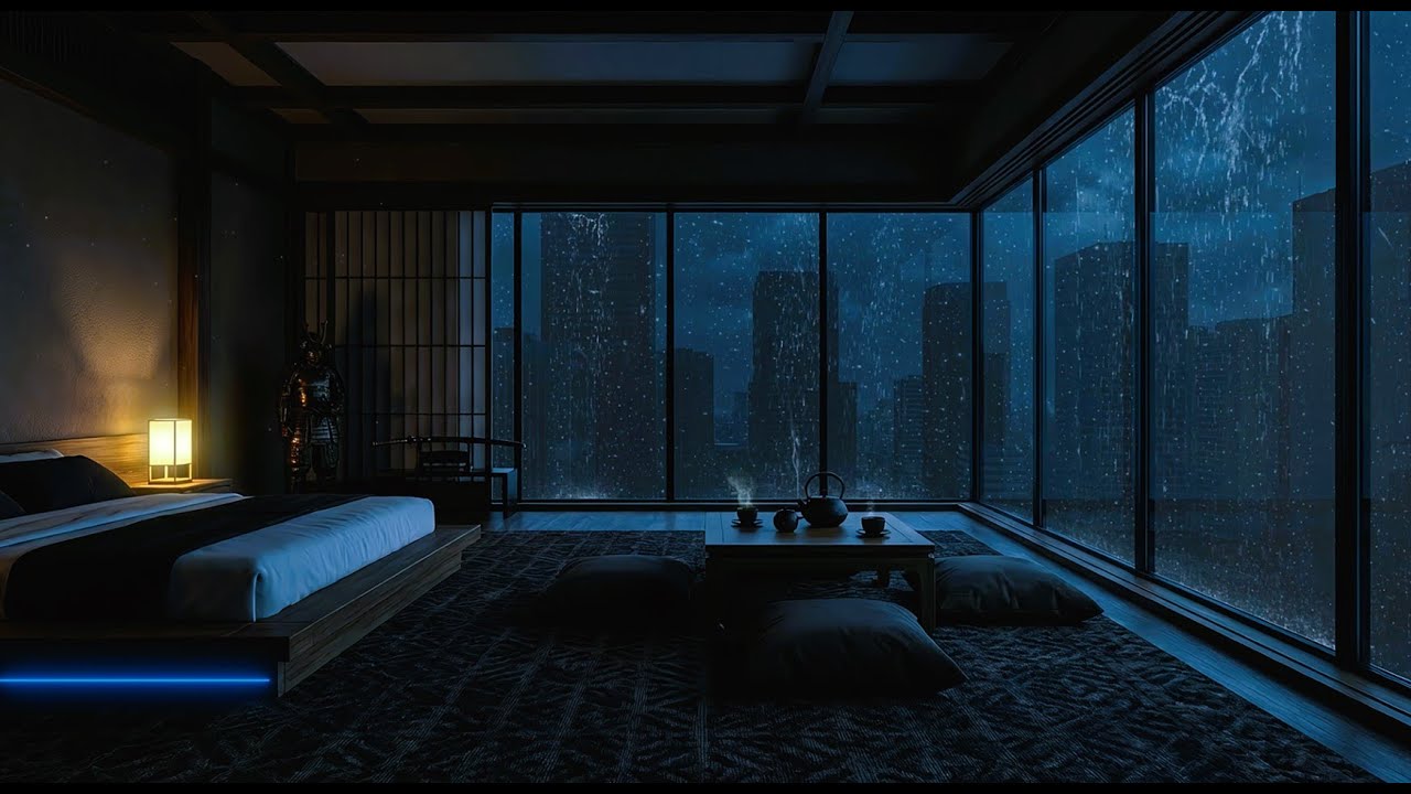 Heavy Rain & Thunder by Shoji Window with Dim Skyscrapers at Night for Stress Recovery