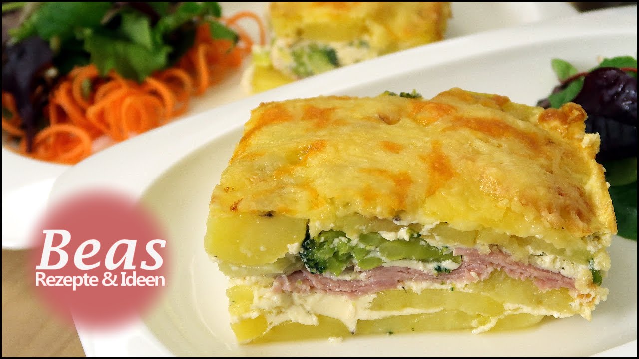 Kartoffelgratin Auflauf - Rezept mit Käse Schinken und Brokkoli