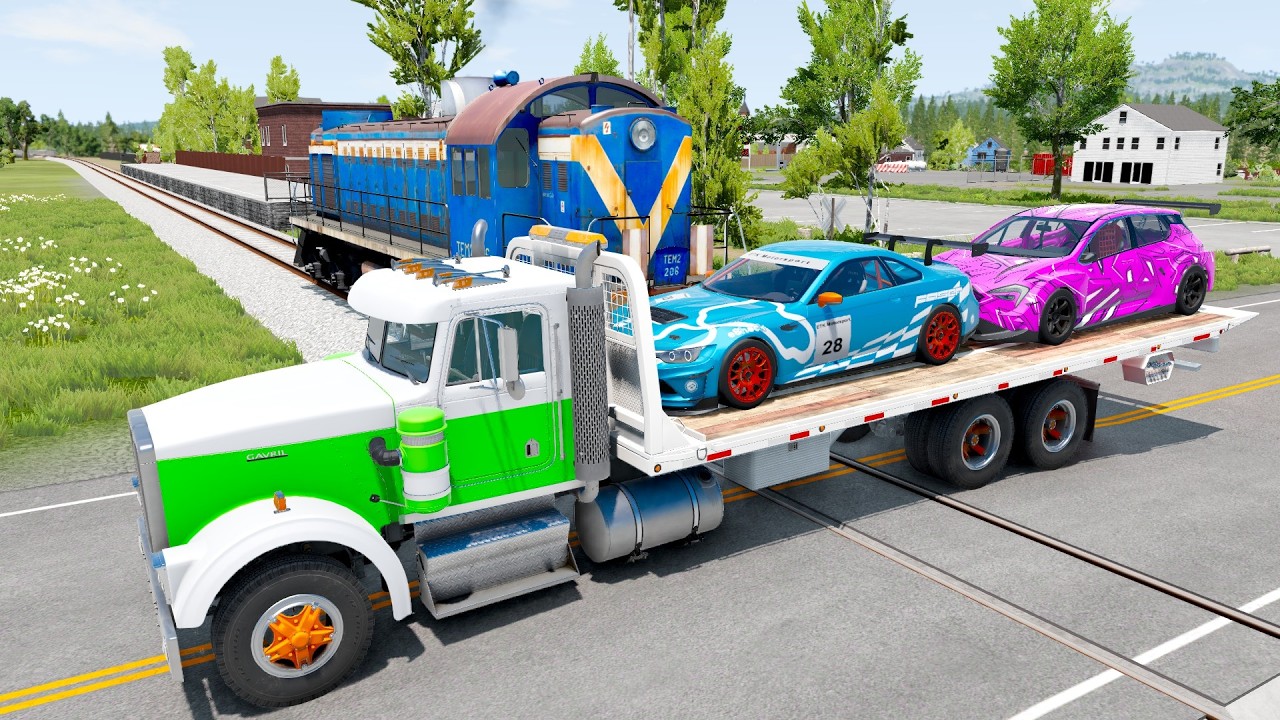Double Flatbed Trailer Truck vs Speedbumps Train vs Cars | Tractor vs Train Beamng.Drive