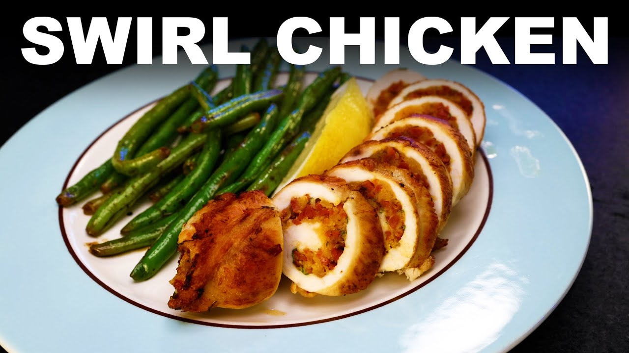 Rolled chicken breasts with chorizo stuffing and green beans