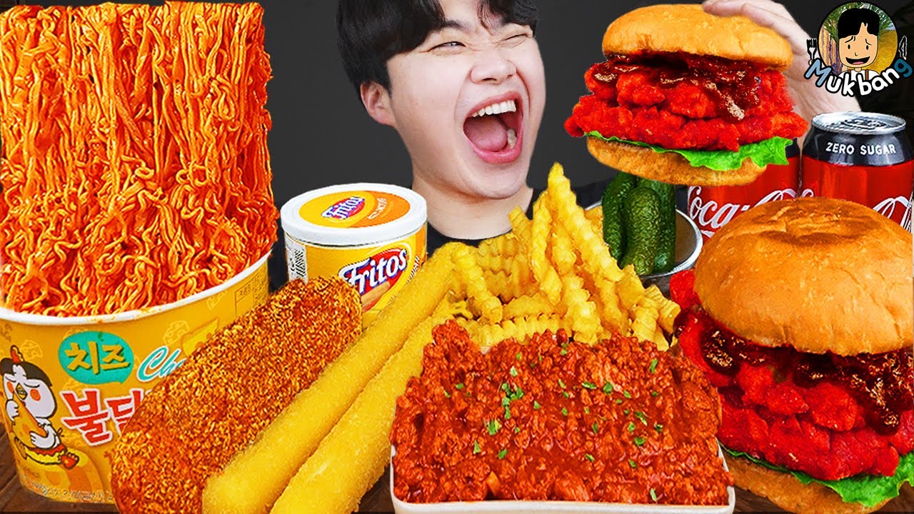 ASMR MUKBANG | гамбургер, Сырная палочка, Огненная лапша, хотдог рецепт блюда принимать пищу