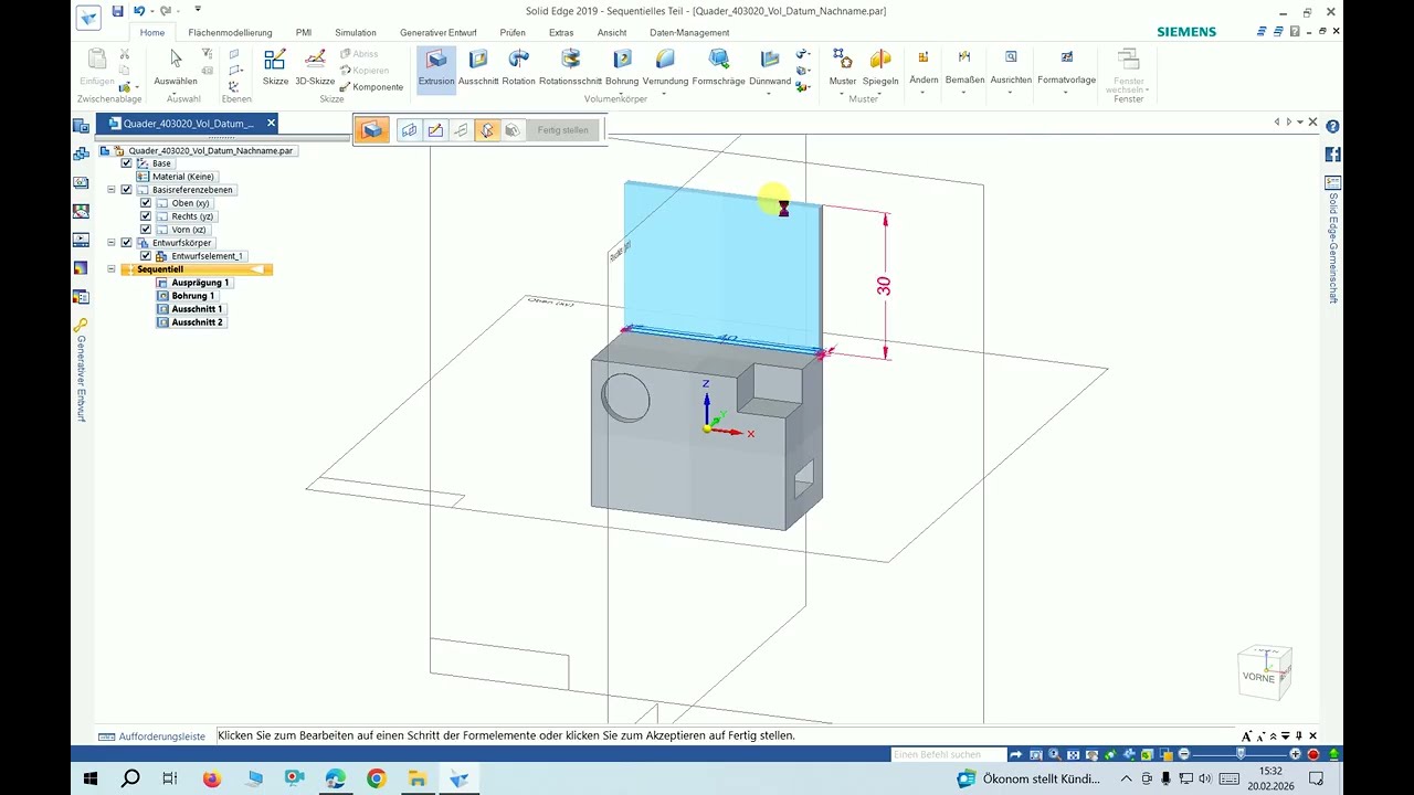 Solid Edge ST10 - Bohrung mit Bohrtiefe, Ausklinkung, Teilfläche, Additionsmethode