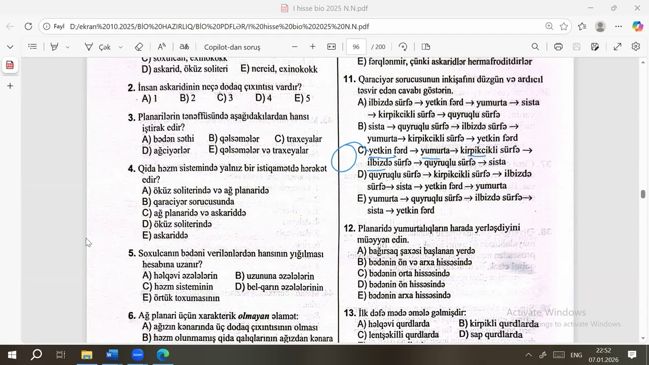 #biologiya 2025 DİM Test toplusu 1 , Yastı, sap və həlqəvi qurdlar 1-60