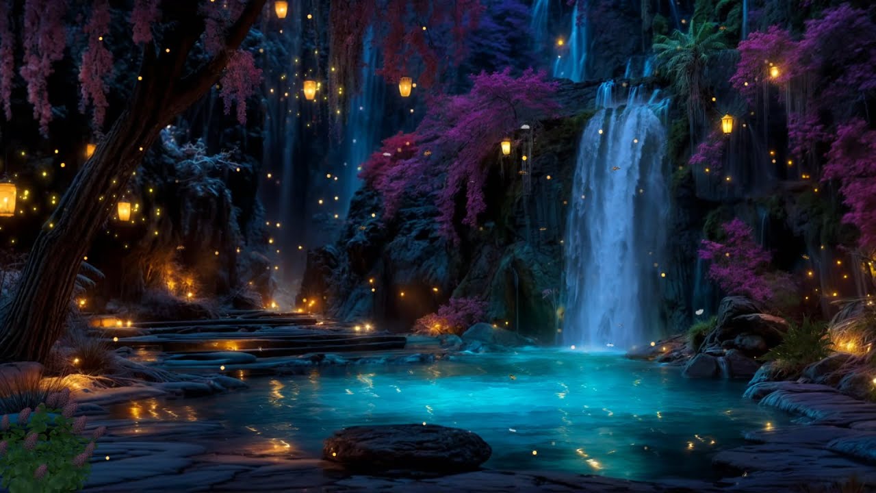 💧✨Secret Waterfall Sanctuary | RELAX & SLEEP FAST😴Magical Pool&Glowing Fairy Lights Ambience(No Ads)