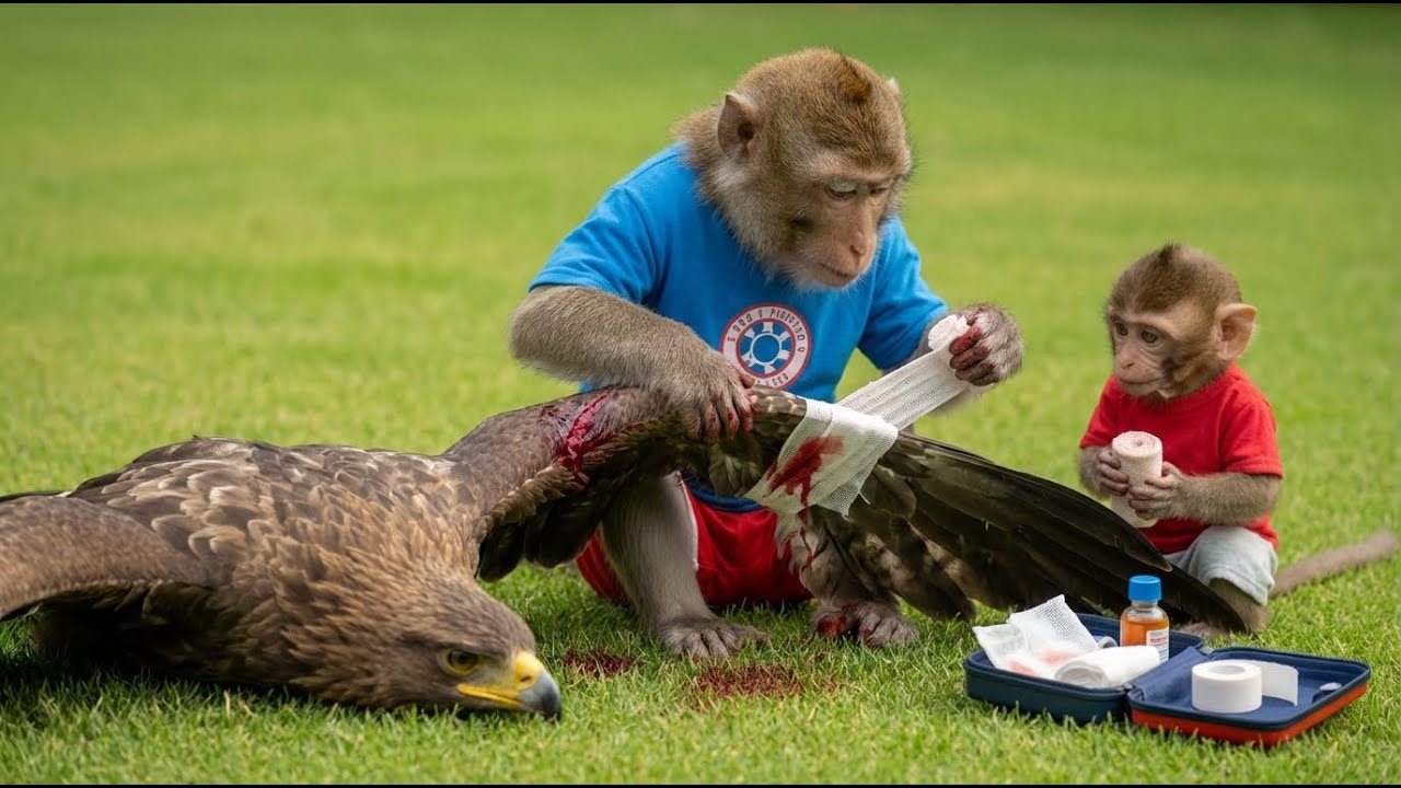 The mother and baby monkey are bandaging the wounds of the injured eagle