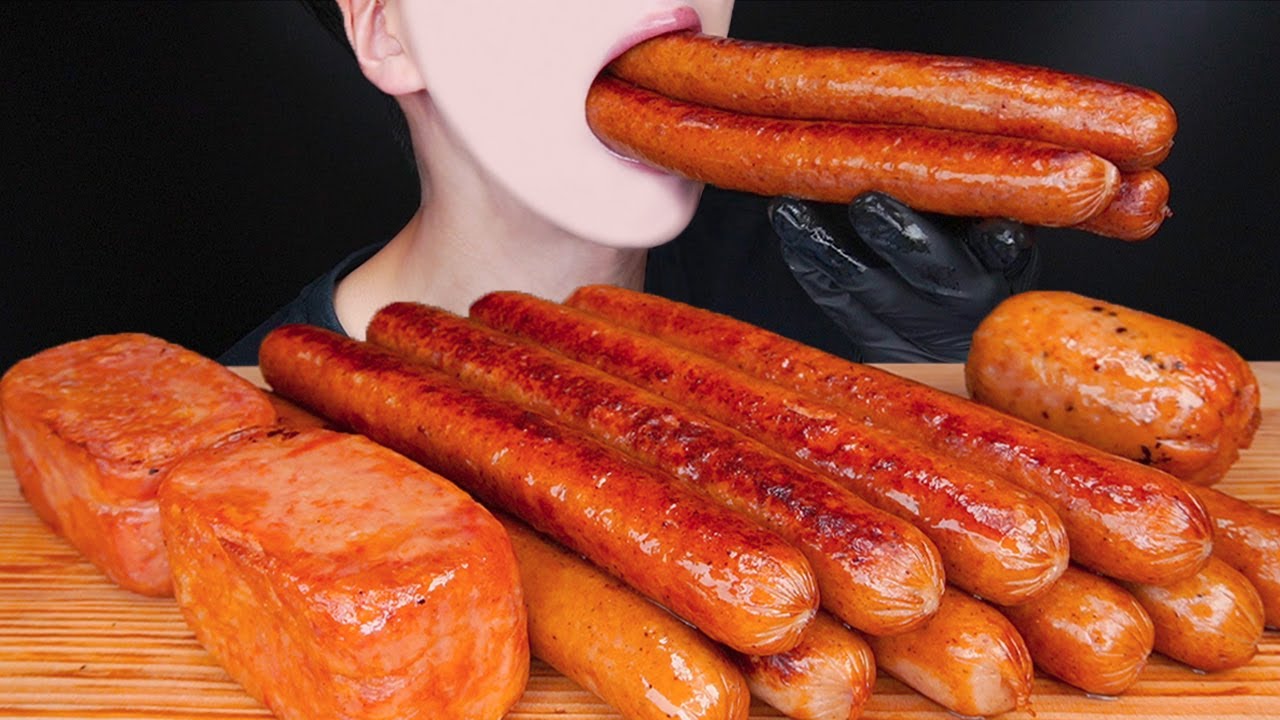 ASMR SAUSAGE SPAM CHEESY MUKBANG COOKING 대왕 소세지 먹방 치즈소스 スパム ソーセージ チーズ 咀嚼音 モッパン Sosis EATING SOUNDS