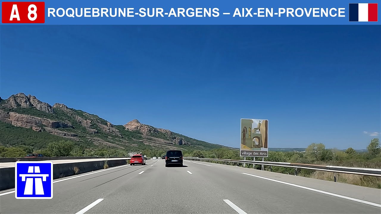 Driving in France. Autoroute A8 La Provençale from Roquebrune-sur-Argens to Aix-en-Provence. 4K