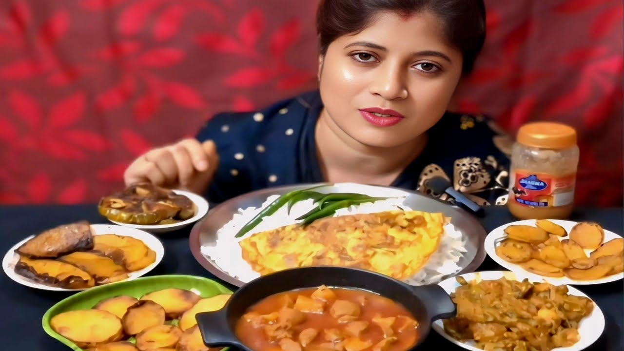 BIGBITES eating rice with spicy soya bin, eggomelette, Chingri pui metuli, #eatingshow #deliciousfoo