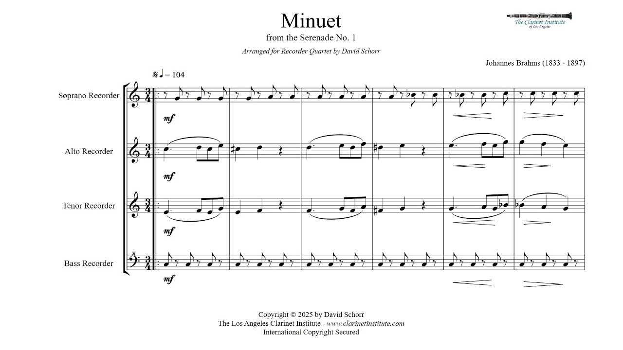 Brahms  -  Minuet from Serenade No. 1 for Recorder Quartet