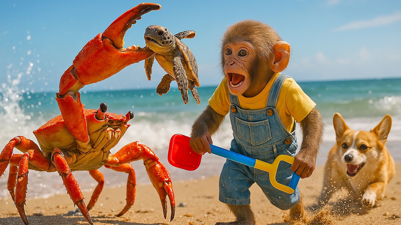🐵🐶 Baby Monkey & Puppy Save Little Sea Turtle from Giant Crab Attack and Heal It at Beach House 🐢🌊❤️