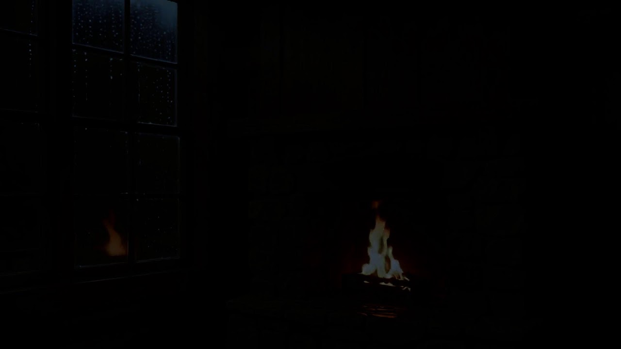 Midnight Rain on Window Sounds with Soft Fireplace Ambience for Relaxation