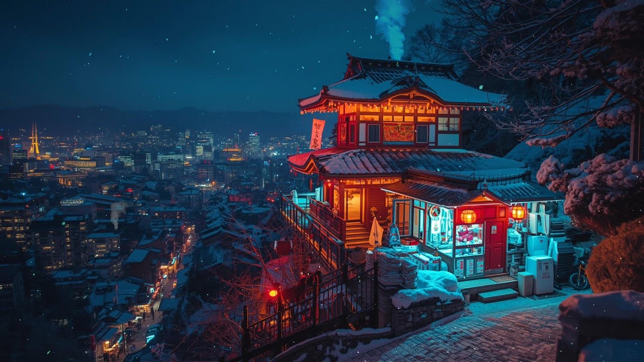 Lofi Zen – Snowy Night at a Sushi-Ya Over the City | Lofi Music for Study, Sleep, or Relaxation | 4K