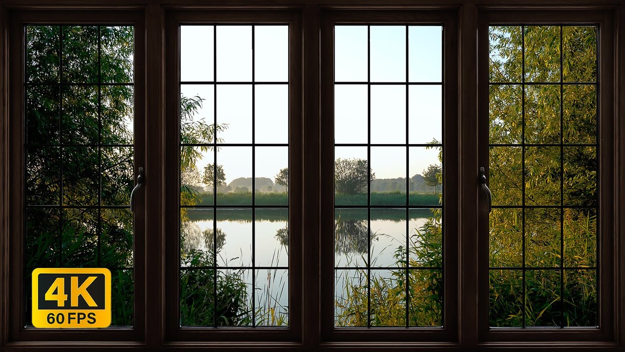 4K Lake window view during sunrise with birds calling - Relaxing, Calming, Ambience