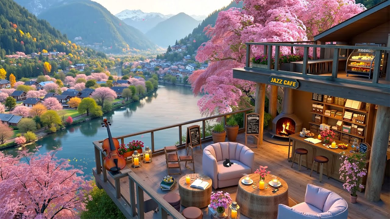 Springtime Coffee with Relaxing Jazz | Cozy Terrace, Cherry Blossoms & Peaceful Riverside Caf&eacute; Vibes