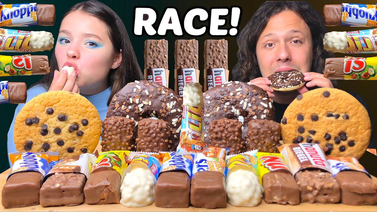 ASMR LEFTOVER DESSERT RACE! NUTS, LION, KNOPPERS CHOCOLATE CANDY BARS, KINDER, CAKE 먹방