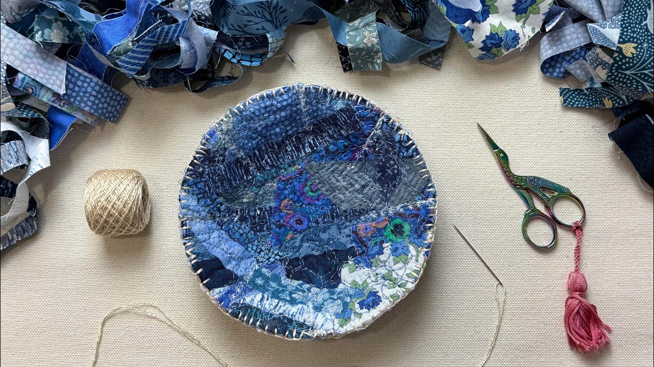 Gorgeous Scraps Made into Fabric Bowl, Textile Art, Embroidery, Hand stitch #scrapfabricprojects