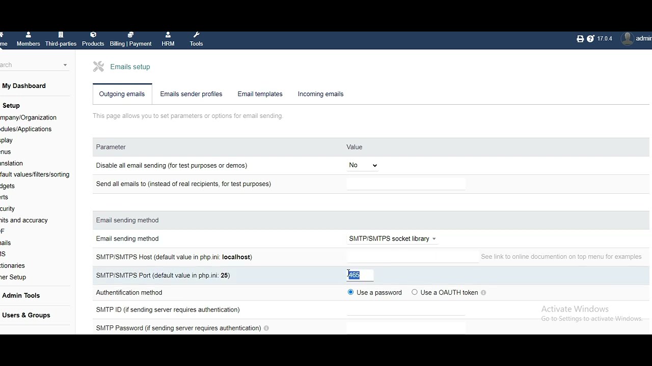 email setup Dolibarr ERP