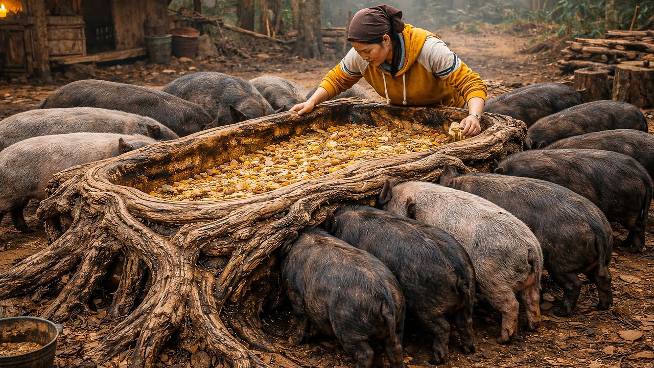 Hand-Carving a Wooden Pig Feeder from Natural Wood | Forest Animal Care