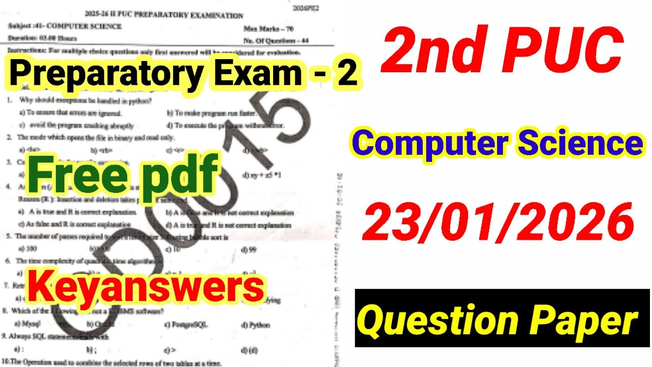 2nd PUC Computer Science Preparatory Exam 2 Question Paper 2026 Keyanswers kseab