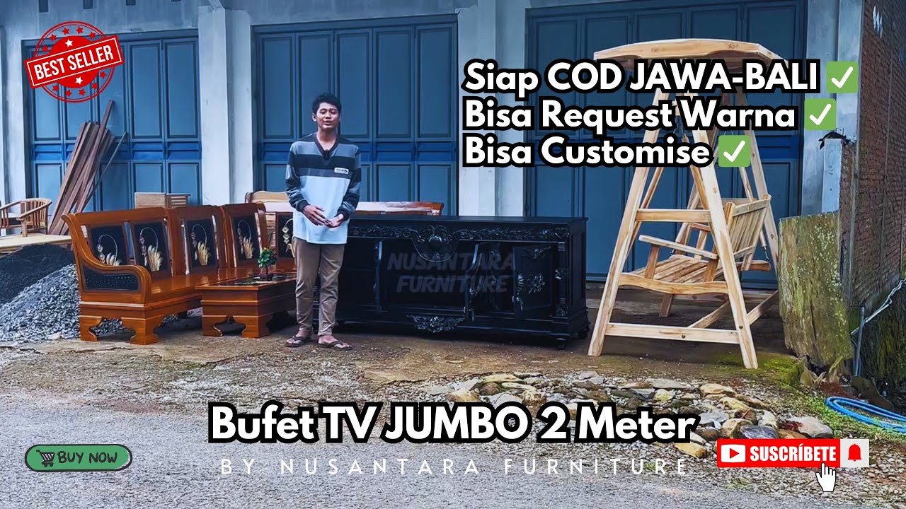 Bufet / Kabinet Meja TV JUMBO 2 Meter Motif Ukir Bulan Bahan Full Jati Pilihan