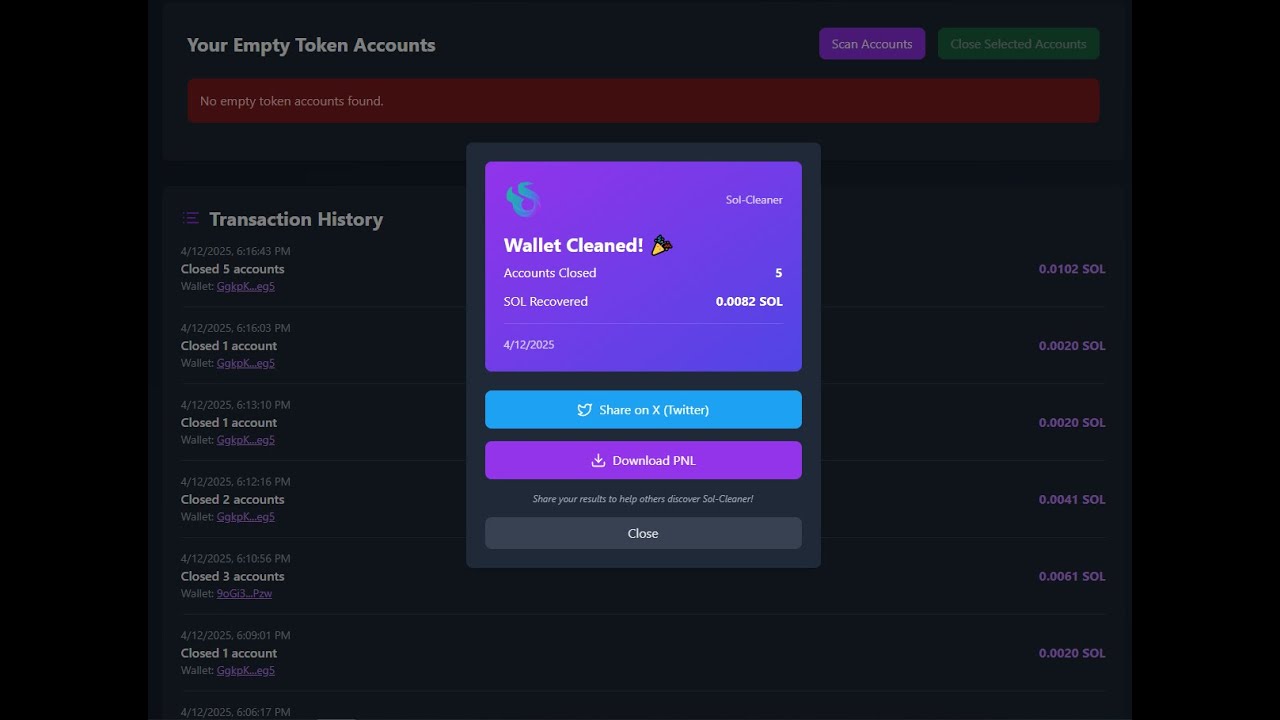 Recover Lost SOL with Sol-Cleaner (Close Dust & Empty Token Accounts)
