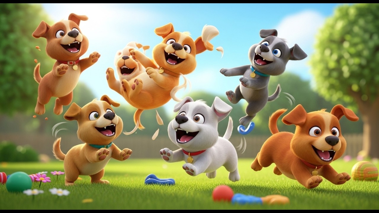 Cinco Cachorrinhos Latem, Latem, Latem | Canção de Cachorrinhos e Animais