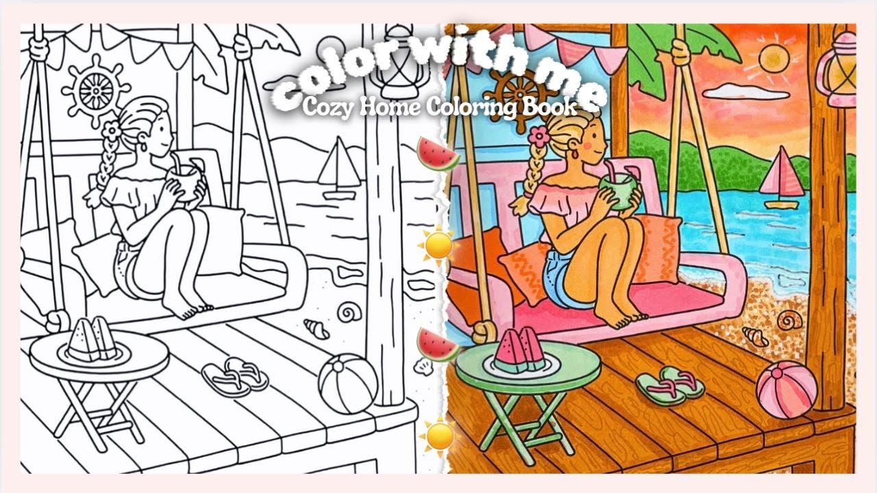 Color With Me 🏝️ Cozy Home Coloring Book Tutorial | Beach Porch (Chatty)
