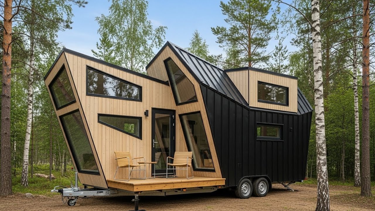 tiny house on wheels Inspired by Bold Geometric Forms and Midcentury Asymmetry