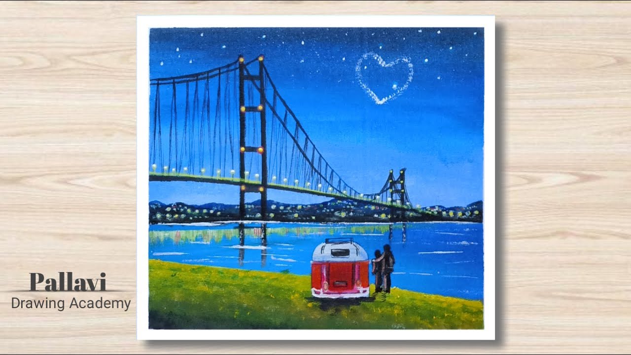 How to draw beautiful night painting with bridge || golden gate bridge || Pallavi Drawing Academy ||
