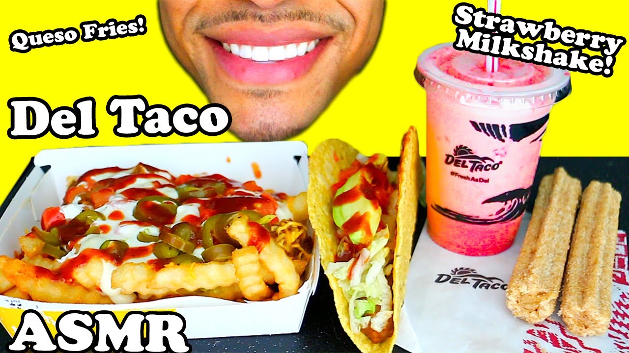 ASMR DEL TACO FRESH AVOCADO BEYOND MEAT VEGAN MUKBANG MILKSHAKE QUESO LOADED FRIES JERRY EATING