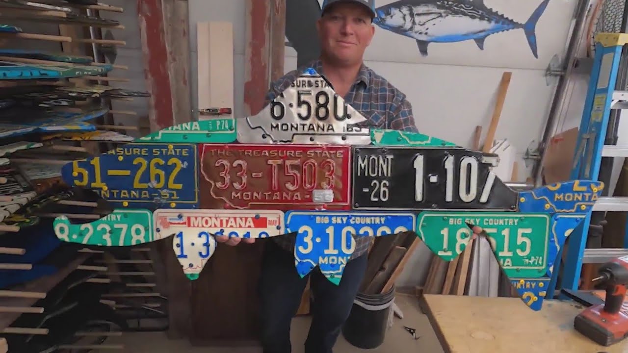 Outdoorsman crafts custom art with license plates