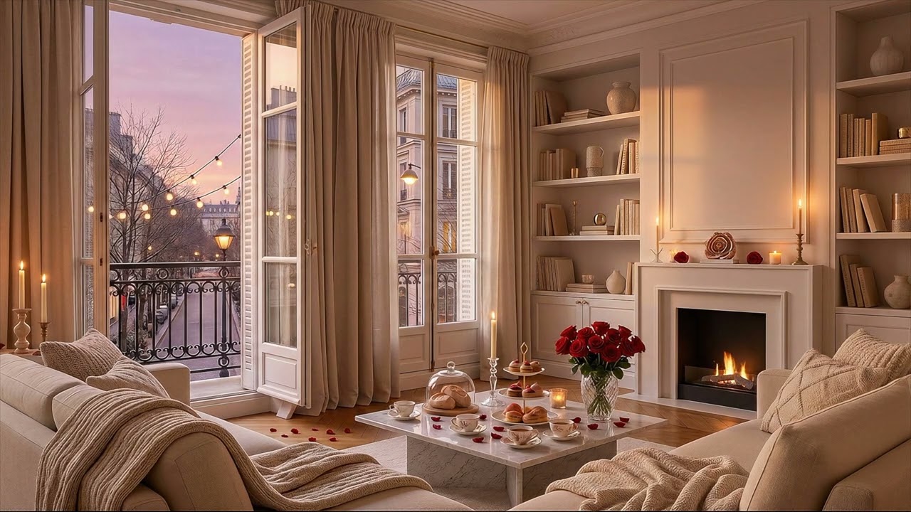 Cozy Valentine’s Night in Paris ❤️ Fireplace, Candles, Eiffel Tower & Relaxing Jazz