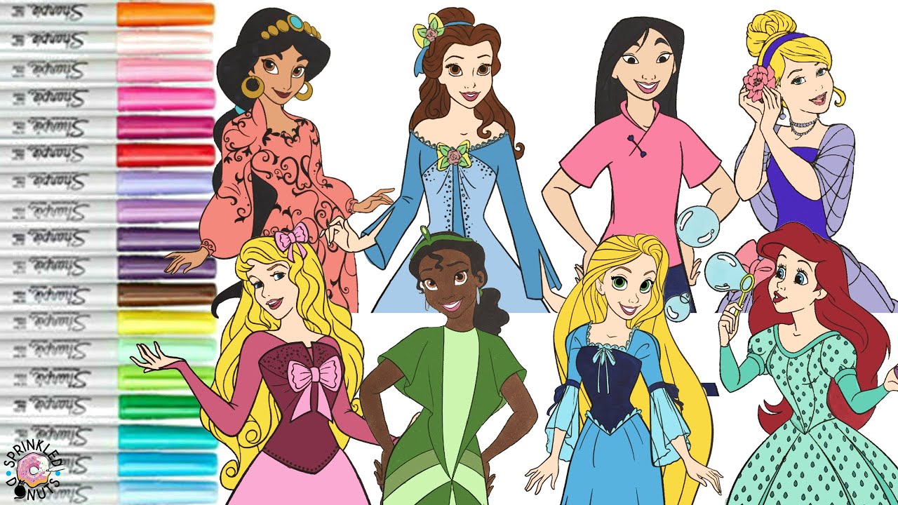 Disney Princess Coloring Book Compilation Ariel Belle Tiana Rapunzel Mulan Jasmine Aurora Cinderella