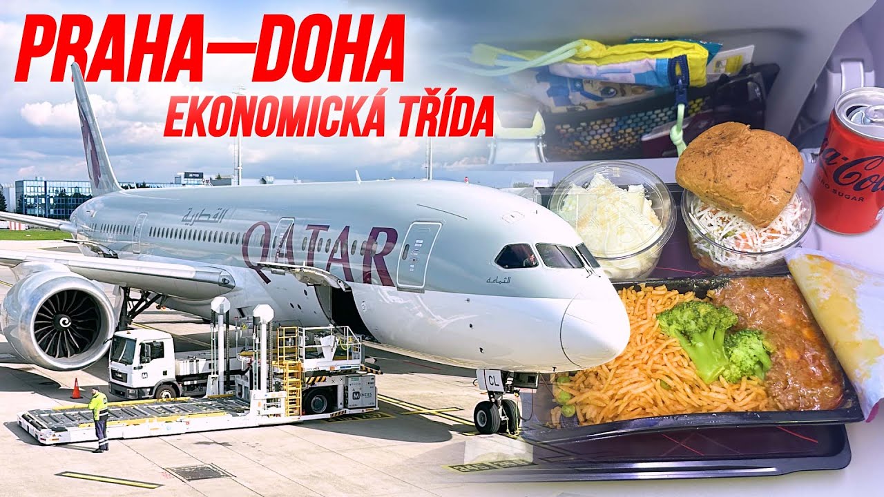 Jaká je ekonomická třída Qatar Airways? Let z Prahy do Dauhá Boeingem 787-8.