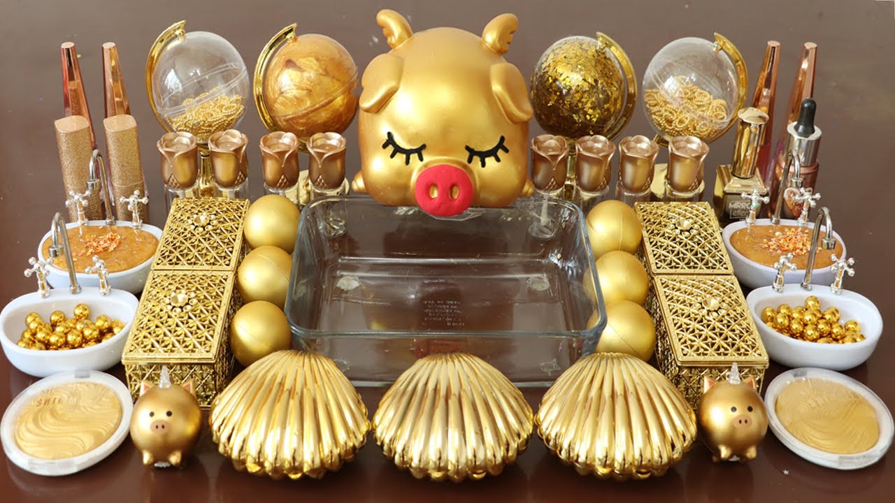 Mixing”Gold Pig” Eyeshadow and Makeup,parts,glitter Into Slime!Satisfying Slime Video!★ASMR★